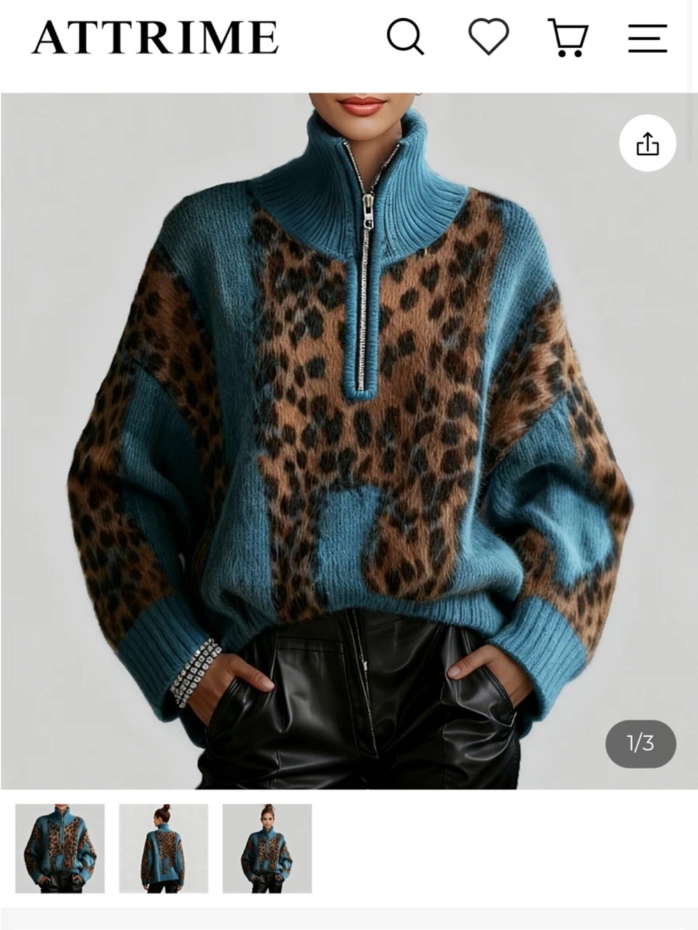 Women's Blue Leopard Print Half-Zip Stand Collar Long Sleeve Loose Knit Sweater
